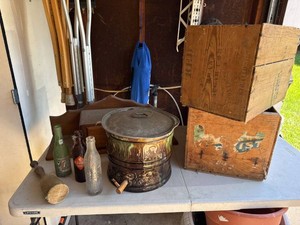 Lot of Vintage Soda Bottles Wood Crates Ceramic Cooler Decor