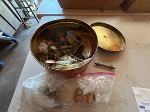 Vintage Brass Tone Hardware Lot in Red Metal Storage Tin