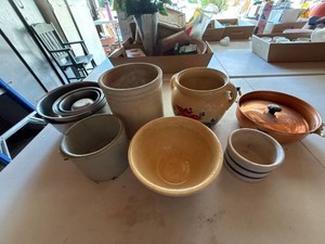Vintage Stoneware Crocks Yellowware Bowl Stainless Mixing Bowls Lot