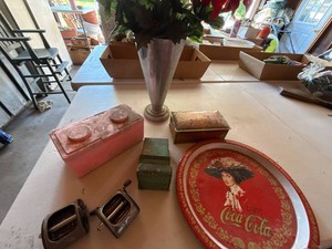 Lot of Vintage Coca-Cola Tray Tins Metal Vase Cooler & Rollers
