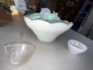 Vintage Milk Glass Grape Pattern Bowl Cup Lot w Clear Punch Ladle