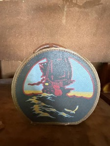 Vintage Round Cardboard Hat Box Travel Case Painted Ship Scene