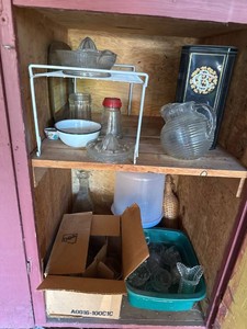 Lot of Vintage Glass Kitchenware Juicers Pitcher Cups Tin Decor