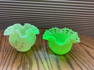Pair of Fenton Uranium Glass Toothpick Holders Hand Painted & Lace Rim