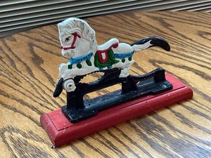 Vintage Cast Iron Horse Figural Tabletop Nutcracker on Wood Base