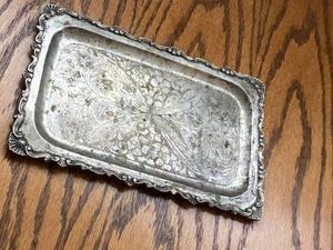 Antique 800 Silver Engraved Floral Rectangular Card Tray 9in