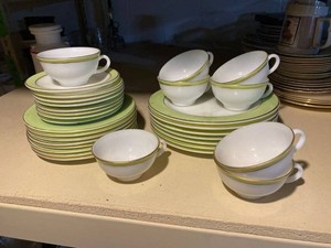 Vintage Pyrex Green Band Dinnerware Set Plates Cups Saucers USA