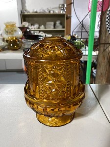 Amber Pressed Glass Fairy Lamp Star Pattern Pedestal 6.5in Tall