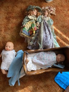Vintage Doll Lot with Wooden Cradle Porcelain Dolls & Baby Dolls