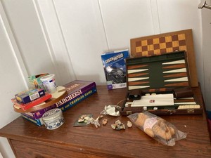 Box Lot of Vintage Board Games Backgammon Set & Misc Collectibles