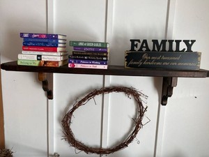 Group Books, Decor & Rustic Dark Stained Wood Wall Shelf With Decorative Brackets