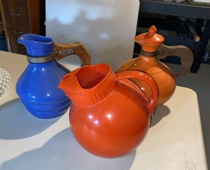 Vintage Ceramic Pitcher Carafe Lot Wood Handles Lidded Mid Century incl Metlox