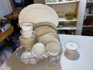 Fire-King Milk Glass Dinnerware Lot Gold Trim Plates Cups Pyrex Sugar