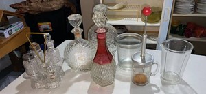 Vintage Glass Barware Decanters Cruet Set Pitcher Measuring Lot