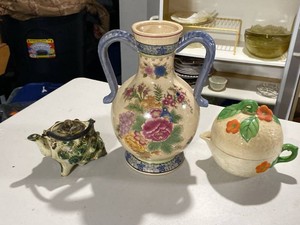 Vintage Ceramic Teapots and Floral Double Handle Vase Decor Lot