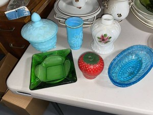 Lot of Vintage Art Glass Fenton Satin Glass Milk Glass Strawberry Dish