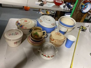 Vintage Mixed Ceramic Kitchenware Bowls Covered Dishes Cups Pitcher