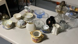 Lot of Vintage Glassware & China Teacups Creamers Oil Lamp Vase