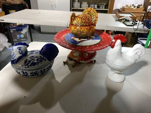Lot of Assorted Ceramic Chicken Turkey Serving Dishes & Cake Stand
