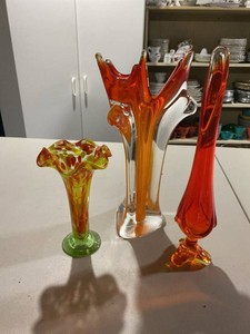 Chalet Canada Signed Art Glass Vase Group Orange Red Mid Century