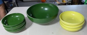 Vintage Mid-Century Modern Green Yellow Ceramic Bowl Set 6-Piece
