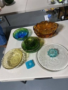Lot of Vintage Pressed Glass Bowls Dishes Amber Green Blue Clear
