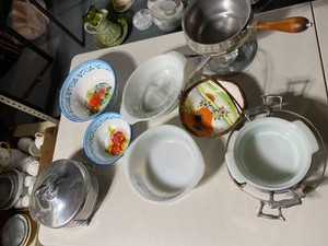 Vintage Enamelware Milk Glass & Silverplate Serving Ware Lot