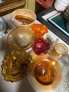 Lot of Assorted Vintage Carnival Glass & Art Glass Bowls Vases Cruet