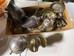 Mixed Silverplate Tableware Lot Pitcher Pots Tray Goblets Brass Plates