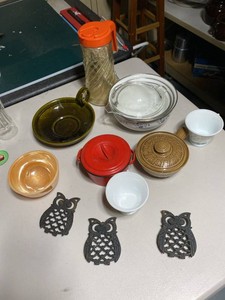 Lot of Assorted Vintage Kitchenware Tang Pitcher Owl Trivets