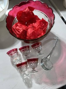 Vintage Ruby Flashed Glass Punch Bowl Set Thumbprint Cups Ladle