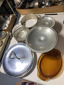 Vintage Silverplate Pewter Tone Serving Ware Glass Bakeware Lot