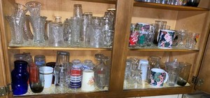 Box Lot of Vintage Glassware Mugs Tumblers Vases Pressed Glass