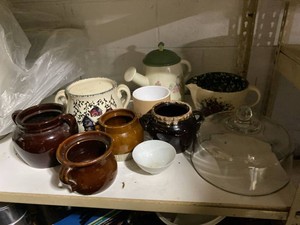 Lot of Assorted Vintage Pottery Crocks Bean Pots Glass Cake Dome
