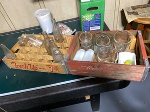 Vintage 7UP & Coca-Cola Wooden Crates Bottles and Glassware Lot