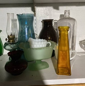 Lot of Vintage Art Glass & Milk Glass Vases Pitchers Compote