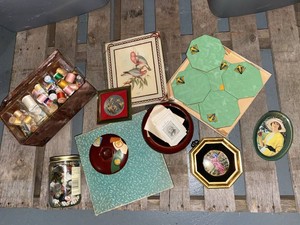 Lot of Vintage Sewing Box Buttons Coasters Tins Framed Decor