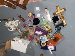 Box Lot of Vintage Collectibles Camera Crucifix Dominoes Decor