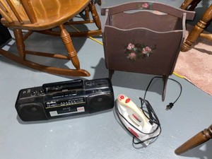 Lot of Vintage Quasar Boombox GE Iron Wooden Magazine Rack