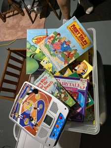 Box Lot of Childrens Books Activity Books & Tabletop Basketball Game