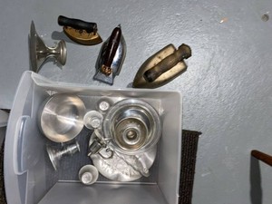 Vintage Pewter & Silverplate Tableware with Mini Sad Irons Lot