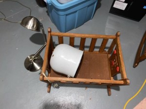 Vintage Wooden Doll Cradle Rocking Doll Bed Folk Art Hearts Bear