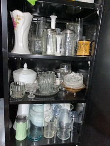 Vintage Glassware & Milk Glass Decorative Tableware 3 Shelf Lot