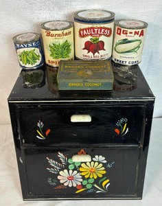 Vinage Kitchen Metal Assortment of Black Metal Double Decker Bread Box, Antique Bakers Coconut Tin and Antique Food Tin Labels