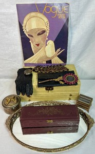 Vintage Beauty Bundle - Vogue Poster Book, Copper Magnifying Glass, Mirrored Tray, Clutch, Gloves, and Jewelry Boxes