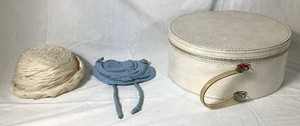 White Travel Case with Womens Vintage 1940s Union Made Hat and Baby Bonnet