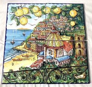 Hand- Painted Italian Ceramic Tiles Mural Scene Depicting Positano, Italy - (4 Tiles- 7.75 x 7.75)