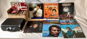 Victrola Portable Record Player (Plays 45s, 33-13, and 78s) and Box of 45s and Albums