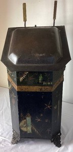 Antique Victorian Black Metal Tole Painted Fireplace Coal Scuttle with Companion Tools