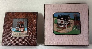 Pair of Handmade Folk Art Tiles by Ellie Hudovernik (Farm Scene - 5 x 5 and Victorian Home 4 x 4)